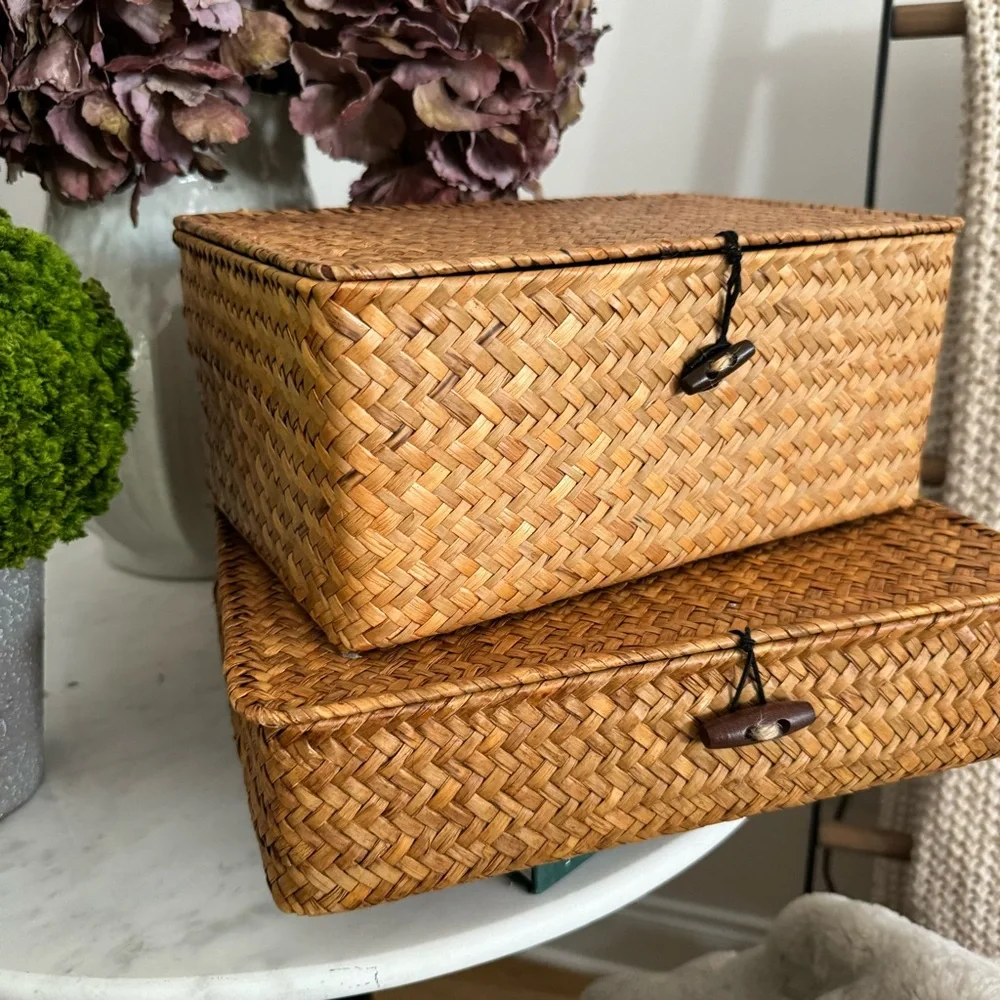 Set of 2 Flat Seagrass Storage Bins with Lid Woven Basket Home Office Organizer
